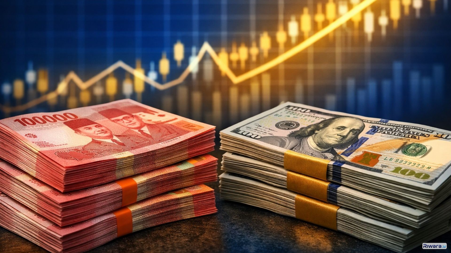 Ilustrasi uang rupiah pecahan Rp100.000 dan dolar Amerika Serikat. Nilai tukar rupiah menguat ke level Rp16.851 per dolar AS pada perdagangan Rabu (11/3/2026).